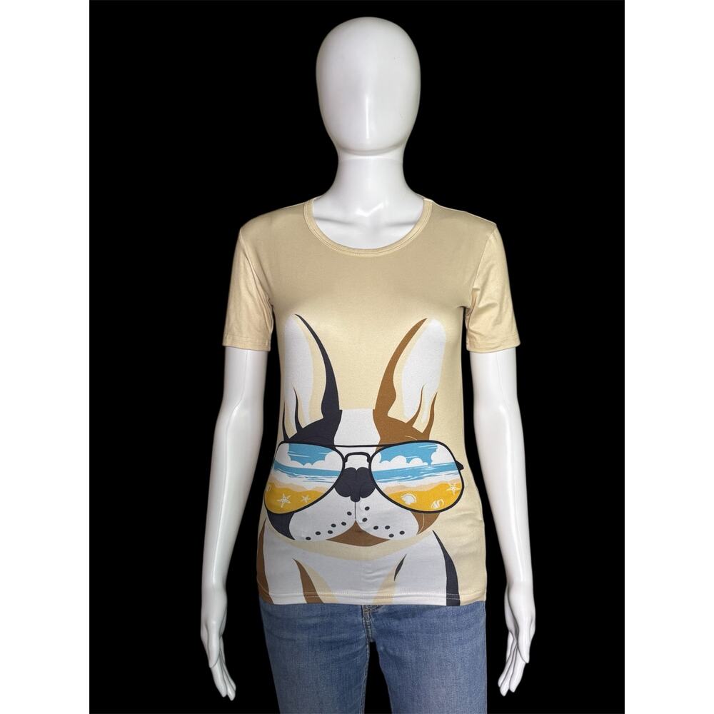 Beige Beach French Bulldog Sunglasses Graphic Casual T‑Shirt Girls Youth Size 14